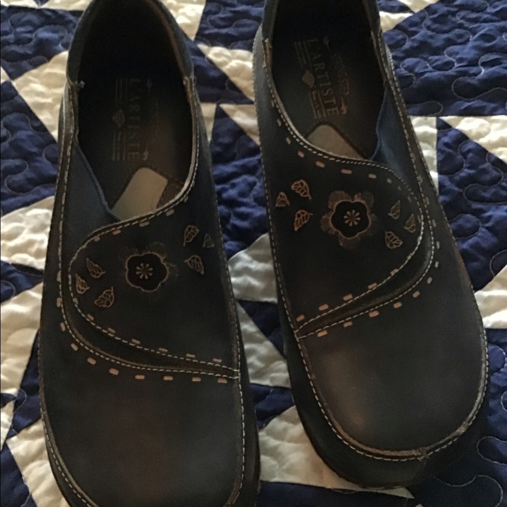 Black Leather Mules with Floral Design